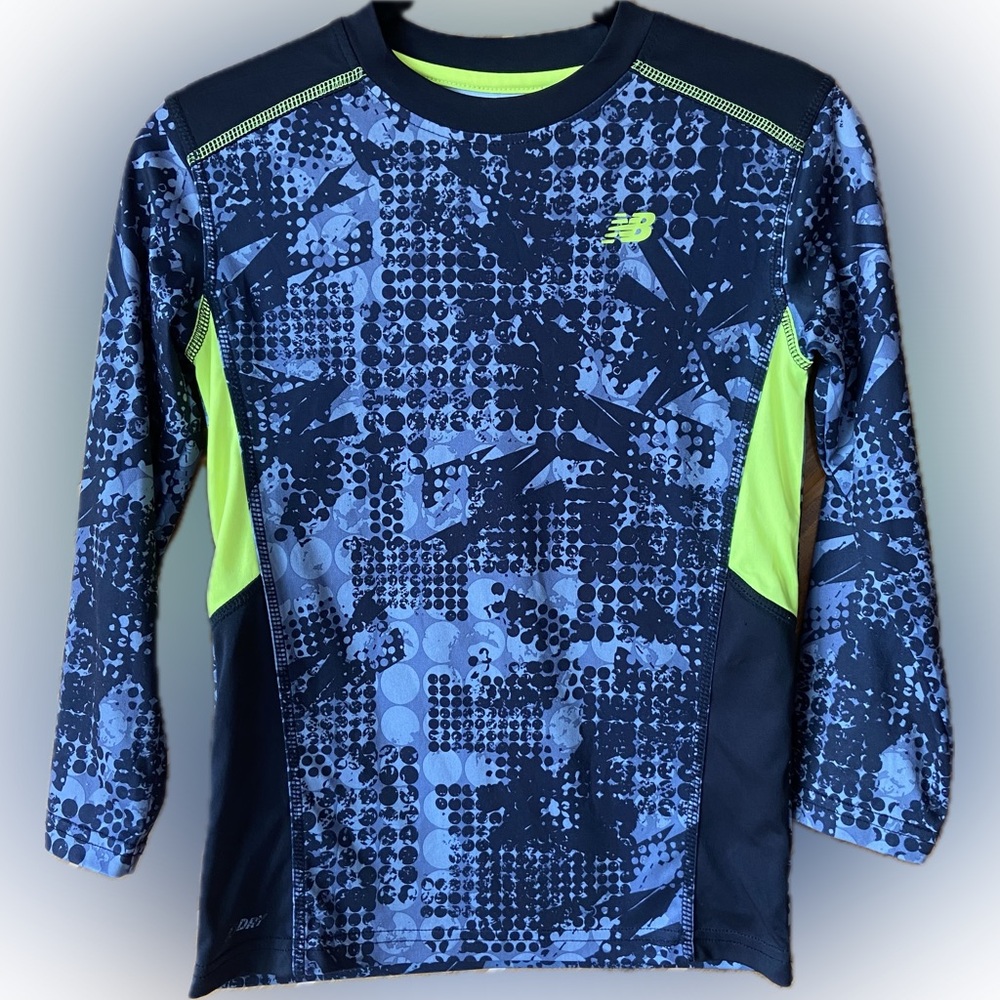 New Balance BOYS 8 dry fit black gray and neon green long sleeve crew neck shirt